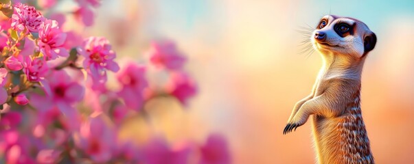 Obraz premium A 3D meerkat standing on its hind legs with a soft pastel background on the right, representing the watchful nature of these zoo animals