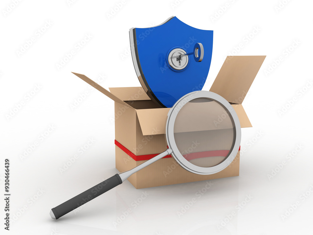 Poster 3d rendering cardboard boxes protected lock near shield