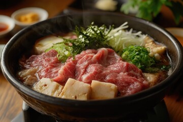 Steaming Japanese Hot Pot with Beef, Tofu, and Greens