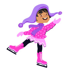 Happy girl skating on Ice. Winter outdoor activity. Child in bright winter clothes. Cartoon kid isolated on a white background. Hand-drawn flat vector illustration.