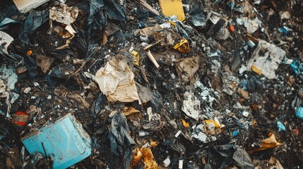 A large pile of mixed waste materials, including plastic, paper, and debris, creating a chaotic and unkempt scene. The image evokes a sense of neglect and environmental concern.