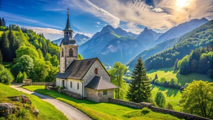 A beautiful church situated in a serene mountain landscape, surrounded by lush greenery and clear skies