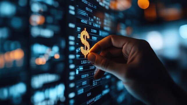 A hand is depicted reaching for a glowing digital dollar sign hologram, symbolizing the pursuit of digital finance and cryptocurrency in a high-tech setting.