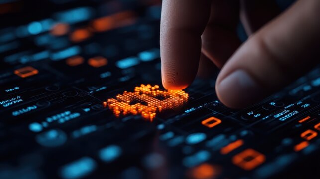 A human finger is shown interacting with a digital hologram of a Bitcoin symbol, emphasizing the technology and finance connection, with a futuristic interface.