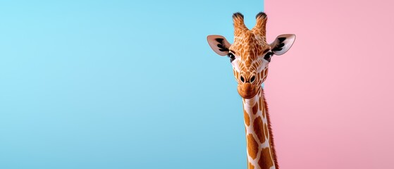 Obraz premium Artistic 3D depiction of a giraffe with a long neck, juxtaposed with a soothing pastel background on the right, emphasizing its commanding presence in the zoo