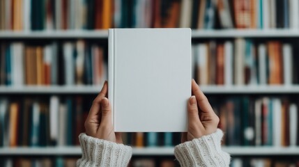A person&rsquo;s hands are holding a blank white book, positioned against the backdrop of a densely packed library bookshelf, depicting the thirst for knowledge and information.
