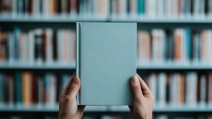 A person holds a hardcover book in their hands, standing in a library aisle with shelves full of books in the background, representing knowledge and learning.