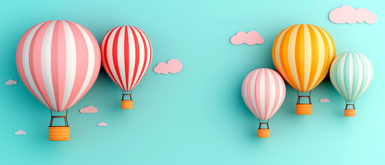 Colorful hot air balloons float against a soft blue sky, surrounded by fluffy clouds, perfect for cheerful and dreamy themes.