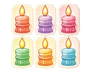 Colorful cartoon candles with flames in six different colors, ideal for celebrations, invitations, and greeting card designs.