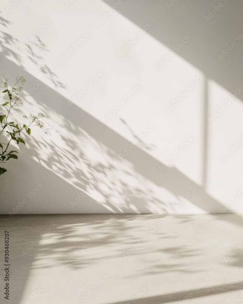 Poster serene indoor empty light gray wall with subtle flower stem shadows and concrete floor in soft dayli