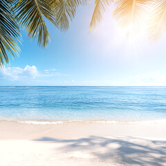 Obraz premium Tropical beach scene with clear blue water, soft sand, and vibrant palm leaves gently swaying in the breeze.