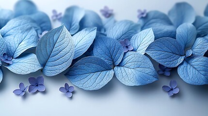 Delicate buttercream and sky blue spring leaves with tiny violet petals on a white backdrop. Minimalistic, high resolution, clear sharp focus, hyper-detailed. 