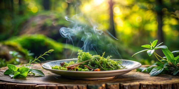 Plate with fresh herbs and burning incense placed in a forest setting, emphasizing the connection between nature and mindfulness
