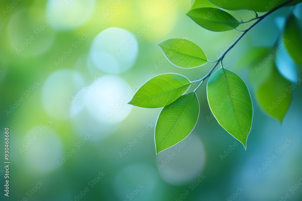 Wall mural Green Leaves with Bokeh Background - Nature Photography - A close-up of green leaves with a soft, blurred background.  The image evokes a sense of peace, tranquility, and the beauty of nature.