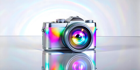 Flat Holographic Camera with Glowing Lens Concept - Modern Photography Technology in Smart Business Tone: Vector Illustration on Glossy White Surface