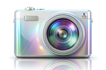 Modern Flat Vector Illustration of Digital Camera with Glowing Lens on Glossy White Background - Technology and Creativity Fusion in Photography Concept