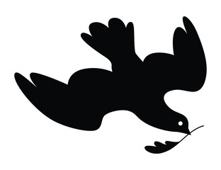 Dove silhouette icon. Black shape of pigeon. Vector flying dove with olive branch on white background