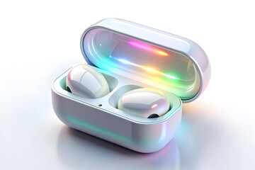 Holographic Glowing Wireless Earbuds Set with Stylish Case on White Surface - Modern Audio Technology Concept in Flat Vector Illustration
