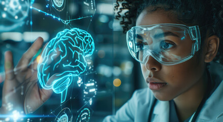 A young Black woman in lab goggles is looking at a holographic blue and white digital brain on a glass screen