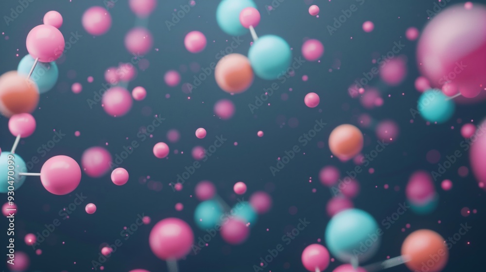 Poster colorful molecule model abstract background in dark gradient with floating spheres and atoms in pink