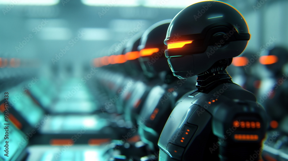 Poster advanced robotic assembly line with high-tech robots in modern factory, featuring futuristic ai tech