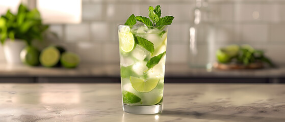 Refreshing Mojito Cocktail with Lime and Mint in Highball Glass