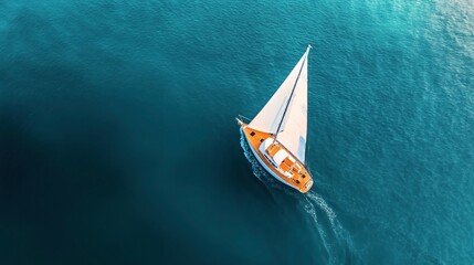 Fototapeta premium Aerial view of a single sailboat with white sails navigating on a calm, blue sea.
