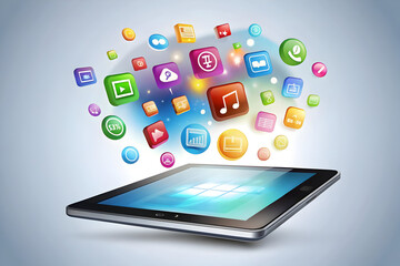 Flat Holographic Tablet with Floating Icons Concept - Futuristic Technology on Glossy White Surface | Smart Business Vector Illustration