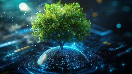 Green Tree Growing on a Glowing Digital Sphere