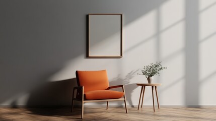 A vibrant orange chair is positioned beside a small wooden table holding a potted plant, brightly lit by natural sunlight streaming through large windows, creating a clean visual aesthetic.