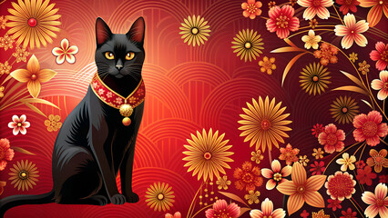 Wallpaper with a black cat in Japanese style