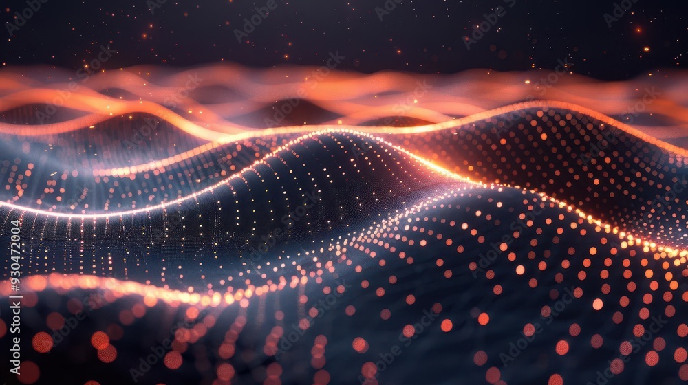 Poster vibrant abstract wave pattern illuminated with glowing dots in shades of orange and blue, creating a