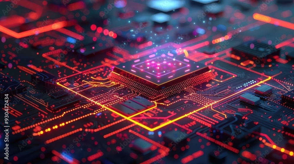 Poster futuristic digital circuit board with glowing lines and microchips, representing advanced technology