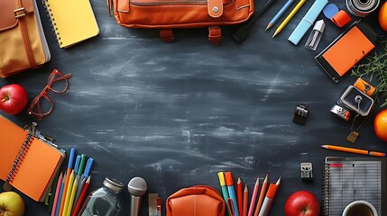 A seamless pattern of organizational tools including planners, sticky notes, and pencil cases, arranged in a continuous, flowing design, with bright colors and a clean chalkboard background,