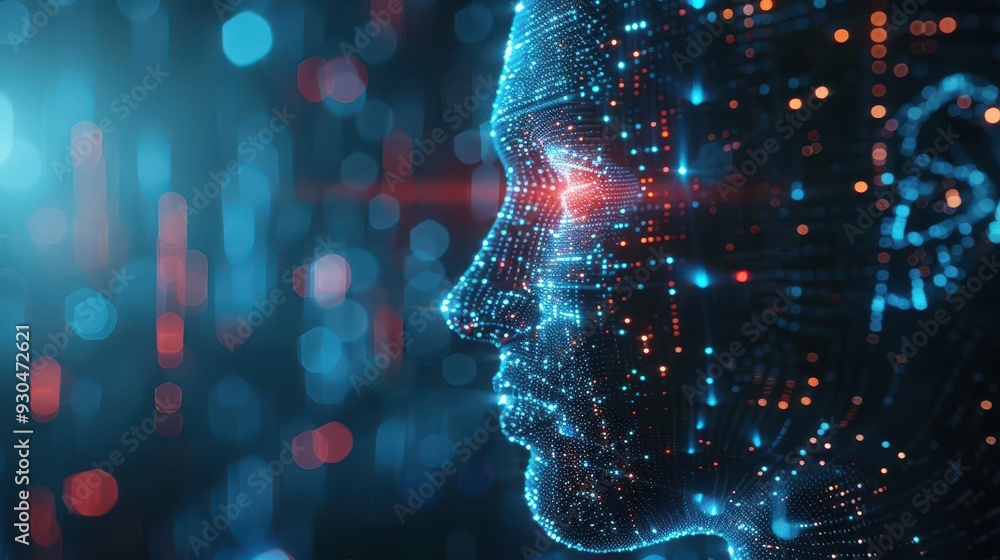 Poster a futuristic digital portrait showcasing vibrant data patterns and glowing elements highlighting hum