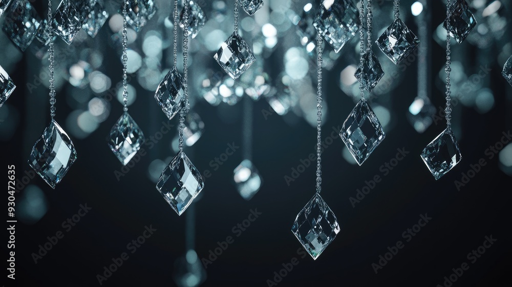 Poster abstract diamond shapes cascading down from the top of the frame, creating a glamorous effect with p
