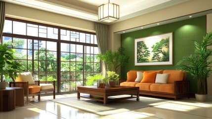 Fototapeta premium A wooden house showcases a serene Japanese interior with green walls, large pendant lamps, and a peaceful forest view through the window