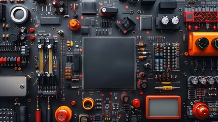Fototapeta premium A seamless pattern of physics lab equipment, featuring oscilloscopes, circuit boards, and test leads, arranged in a complex and technical pattern, with vibrant colors against a dark background,