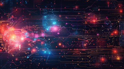 Obraz premium Abstract digital background with colorful lights and lines, representing technology, connection, and innovation.