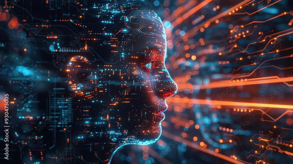 Poster futuristic digital profile with glowing circuits and vibrant colors, symbolizing technology and inno