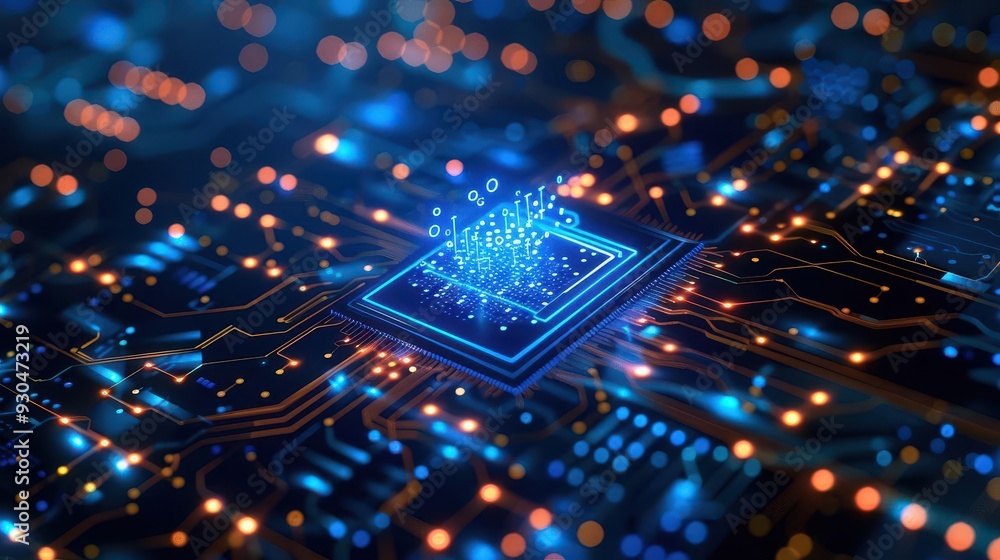 Poster close-up of a futuristic microchip on a circuit board, showcasing glowing data transfer and technolo