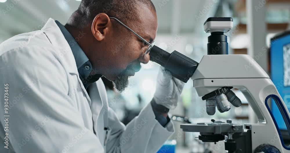 Poster man, microscope and sample analysis in lab, research and live cell imaging with immunologist for hea