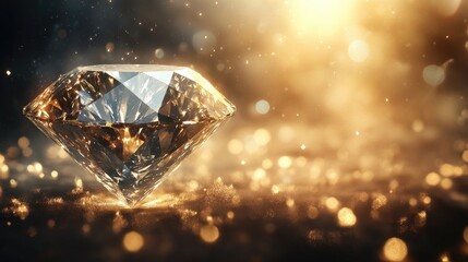 A beautiful, multifaceted diamond with shimmering light rays, leaving a spacious, neutral background for inserting brand messages or logos.
