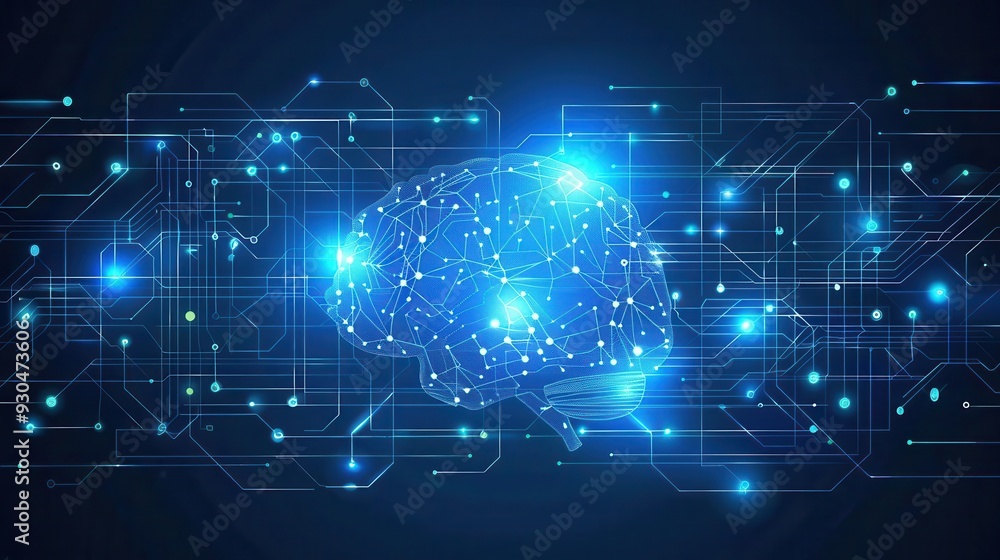 Poster futuristic digital brain with glowing nodes and circuits, representing advanced technology and artif