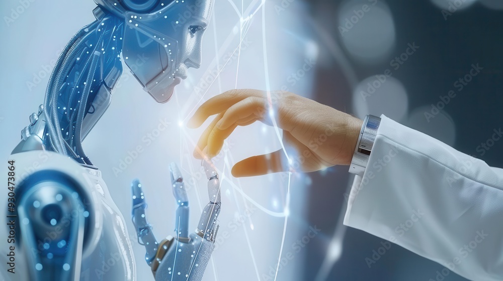 Poster a robotic hand interacts with a human hand, symbolizing the connection between technology and humani