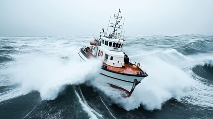 Fototapeta premium Boat navigating through rough waters with tall waves and stormy weather conditions.