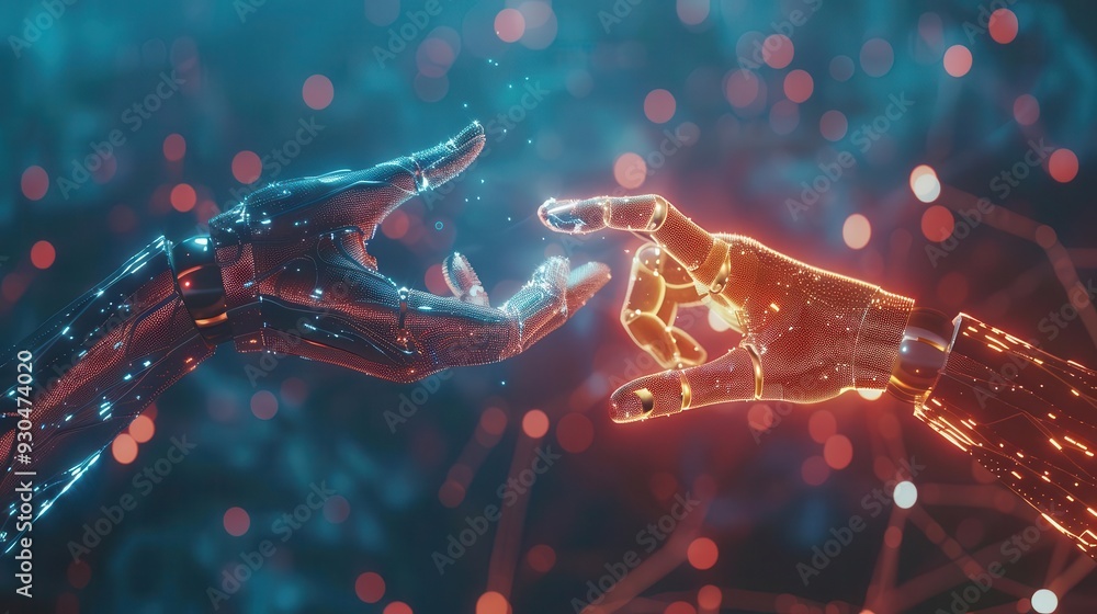 Poster a futuristic scene depicting a connection between two robotic hands, symbolizing technology and inno