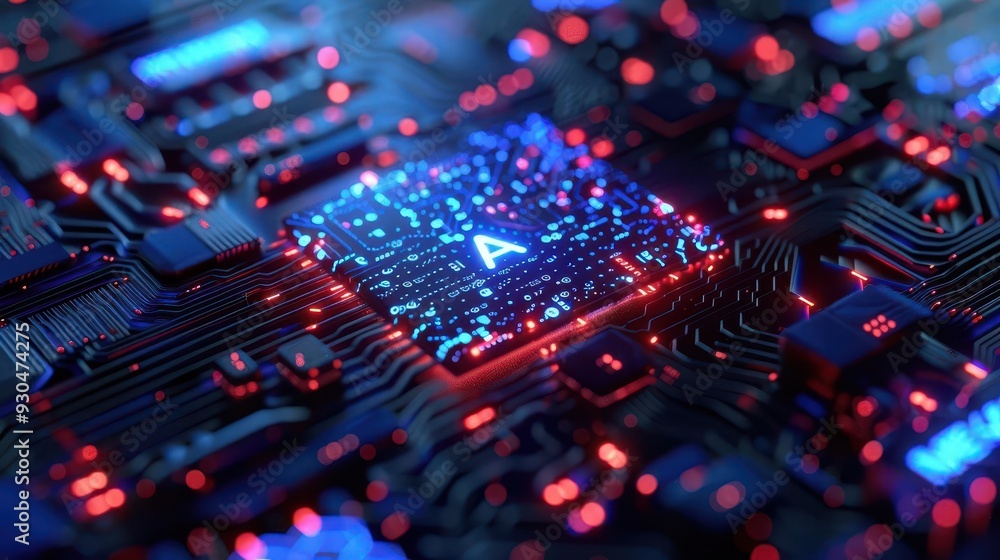 Poster close-up of a vibrant microchip showcasing intricate circuitry and illuminated components, reflectin