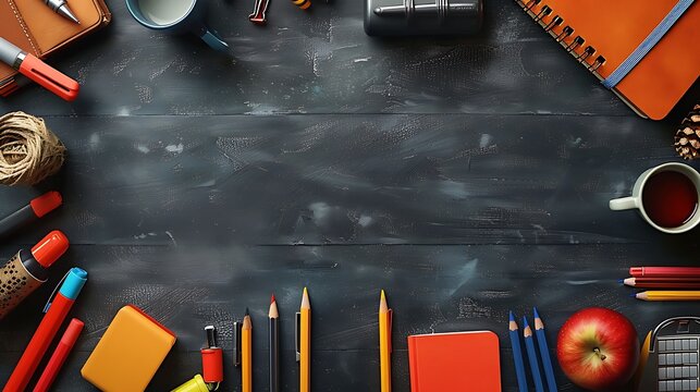 A seamless pattern of professional writing tools like pens, pencils, and notebooks, arranged in a symmetrical and orderly layout, with subtle shadows and vibrant colors on a dark chalkboard surface,