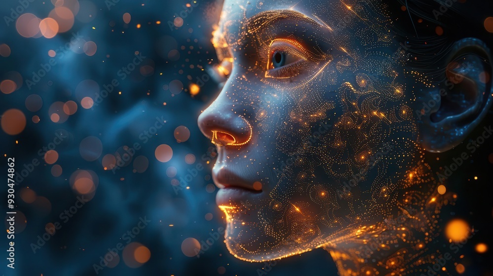 Poster a mesmerizing portrait showcasing a woman's face illuminated with glowing patterns and ethereal ligh